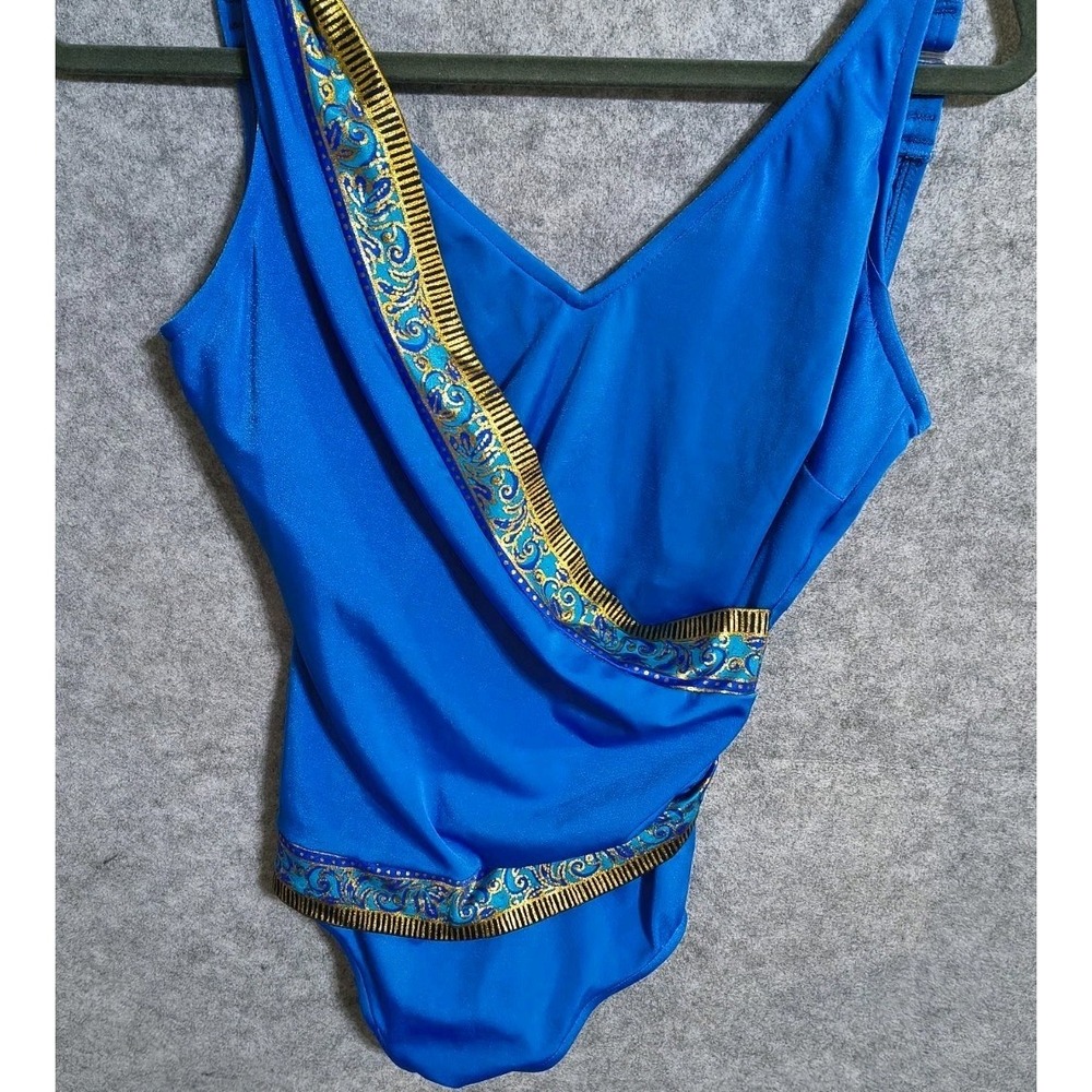 ROXANNE Blue Gold Panel  1 pc SWIM SWIMMING SUIT D Cup Sz 14 EUC...READ